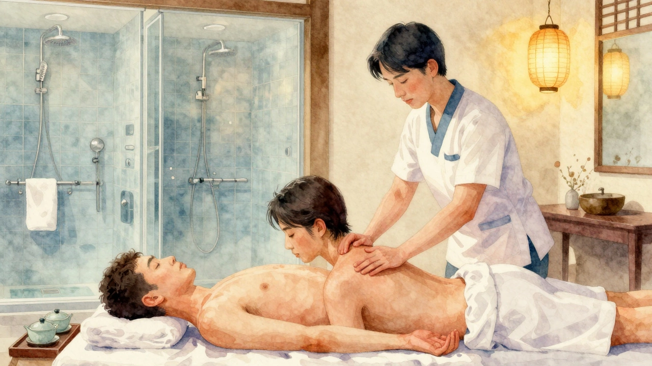 A therapist gently synchronizes massage pressure for two partners in a serene couples suite with ambient lighting.