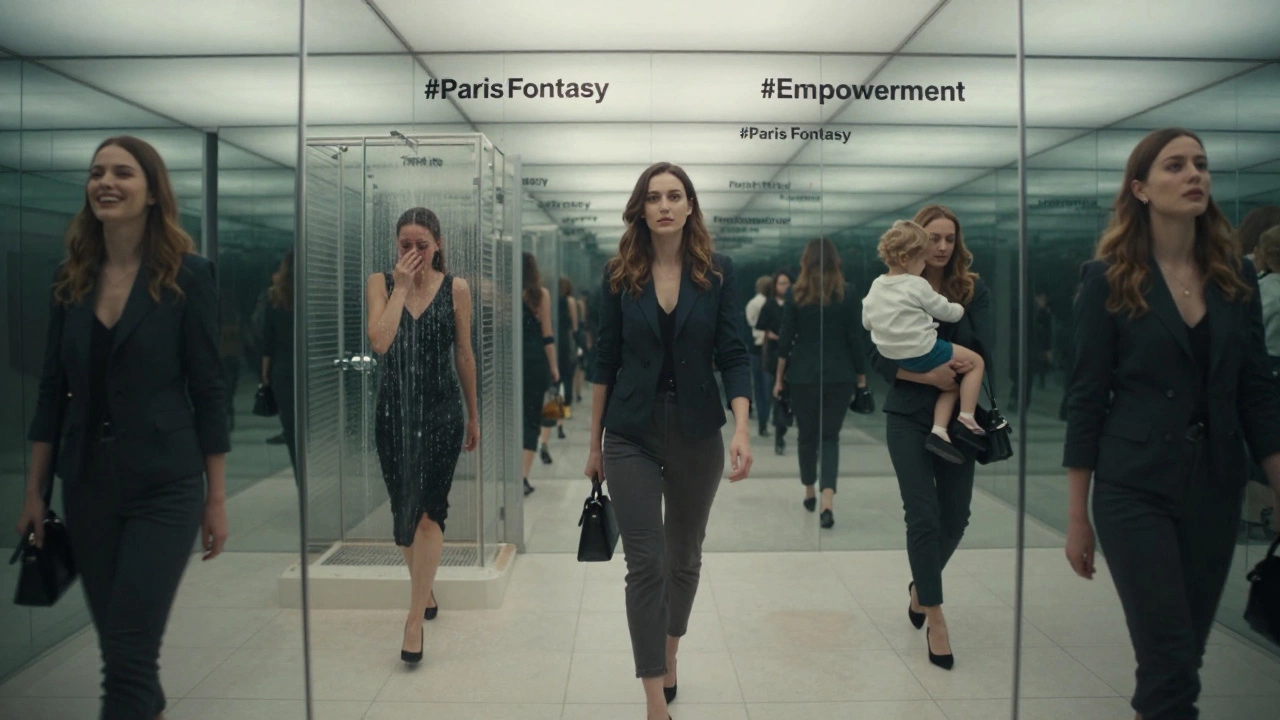 A transparent woman walks through mirrored reflections showing different versions of her life.