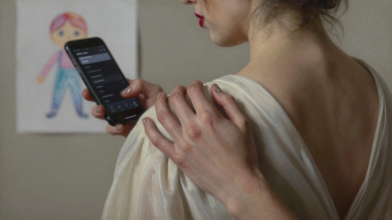 A woman&#039;s hands smooth a designer dress, with a child&#039;s drawing visible in the blurred background.