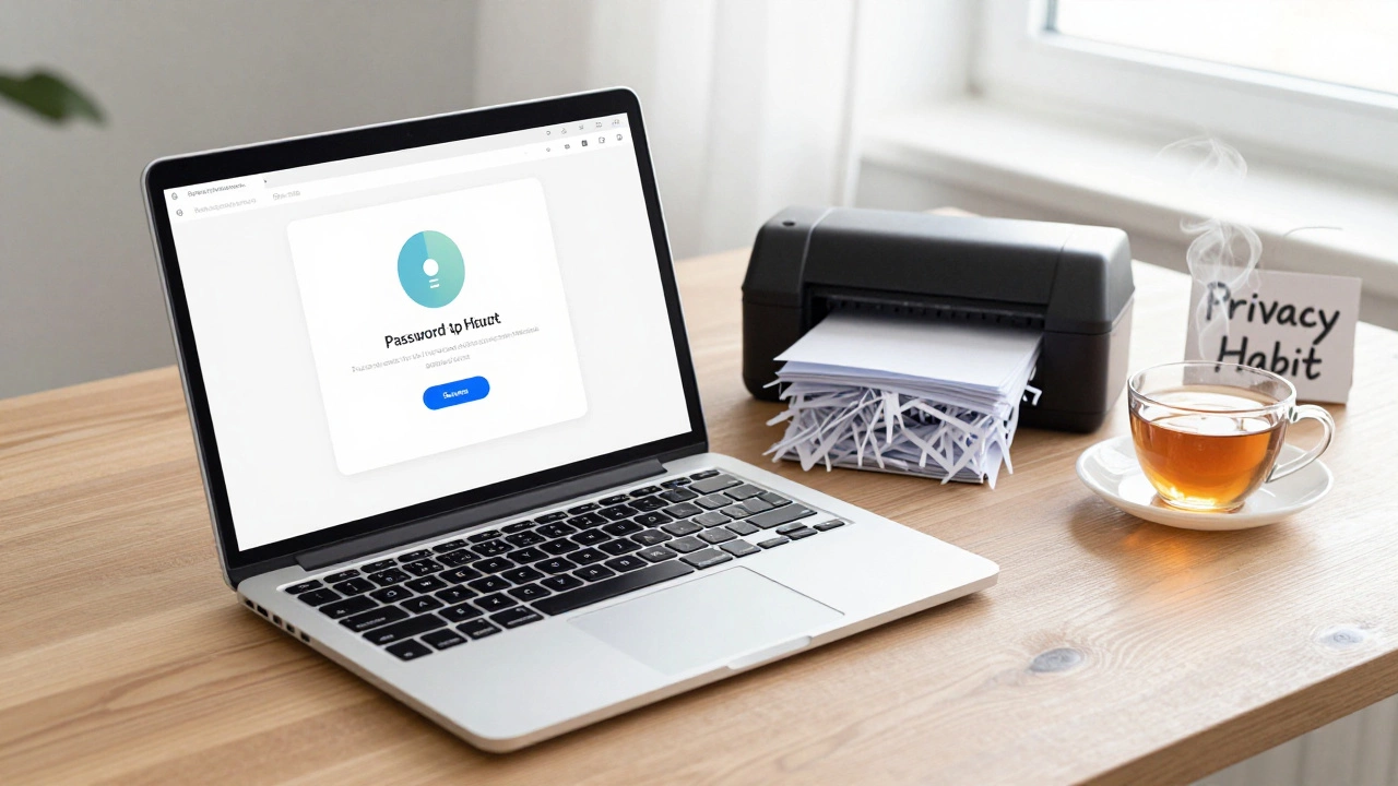 Laptop with camera cover and password manager, next to a shredder and tea cup on a desk.