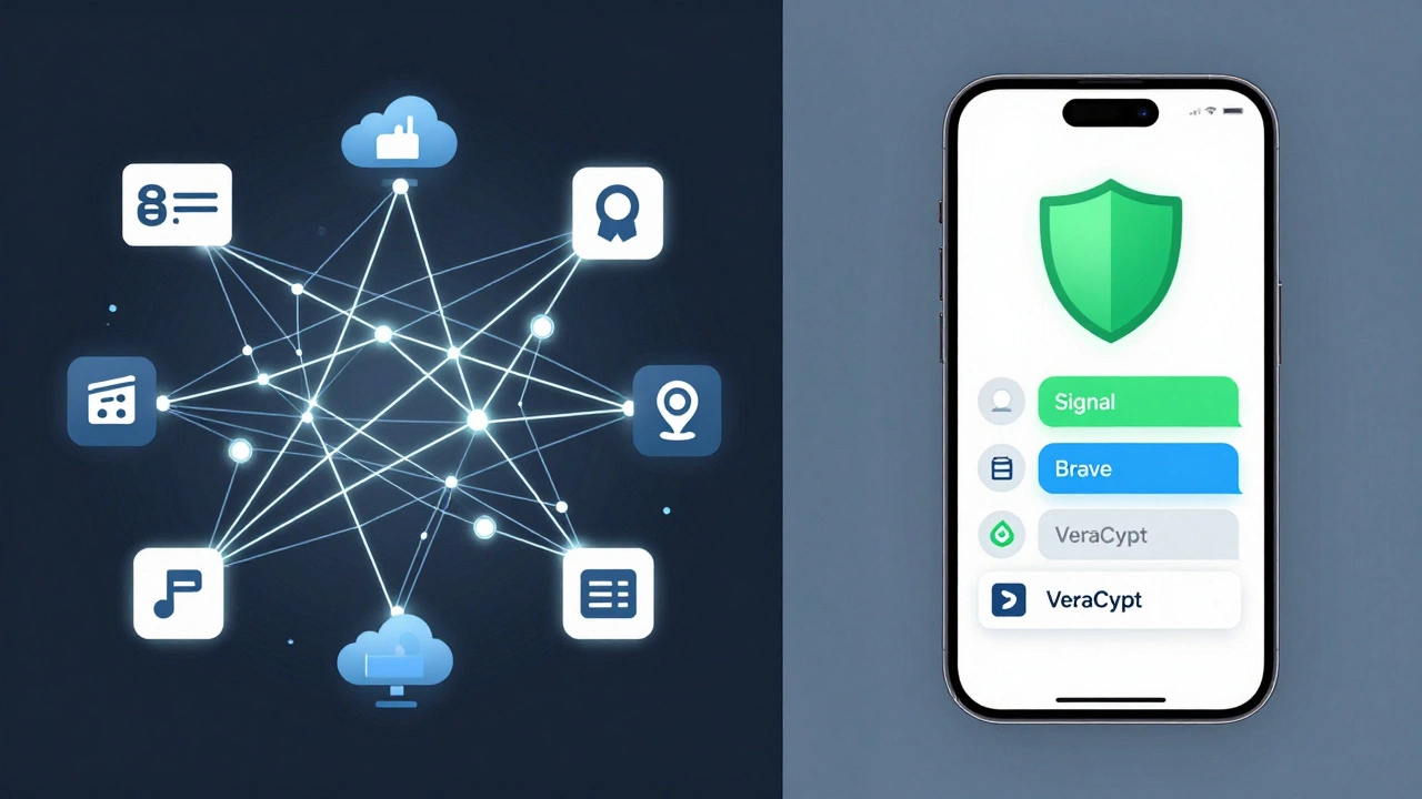 Split-screen showing data tracking vs encrypted privacy tools like Signal and Brave browser.