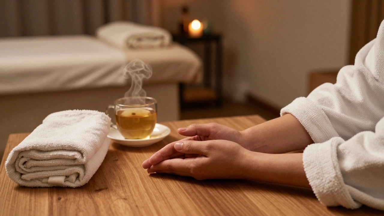 Two interlaced hands rest on a wooden table after a shared massage, beside steaming tea and folded robes.